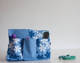 Floral azul bolsa organizador de cosméticos, seis caja de pañuelos de bolsillo, bolso organizador de maquillaje, maquillaje almacenaje del bolso, sostenedor de la joyería, 6 bolsillos