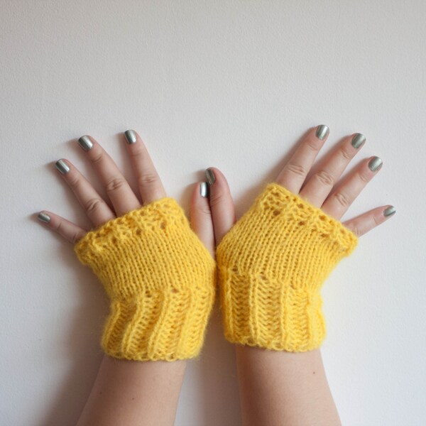 Yellow Fingerless Gloves, Bright Yellow Gloves Unisex, Winter Knit Warmers