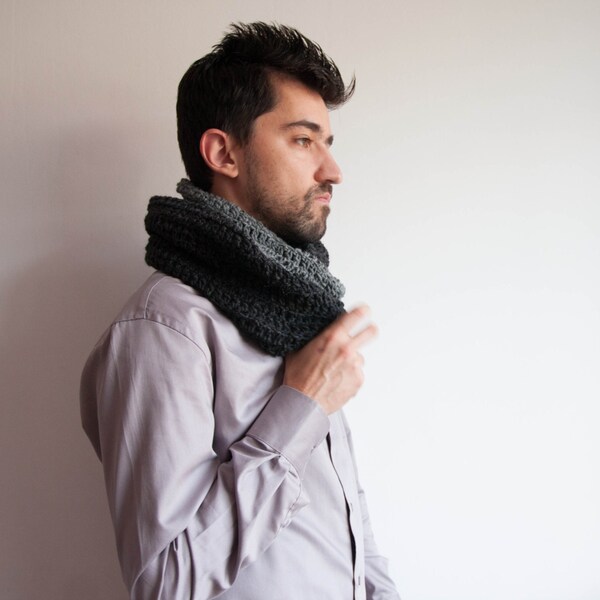 Grey Infinity Scarf, Dark and Light Gray Unisex Crochet Cowl Scarf, Winter Hooded Cowl for him or her, Christmas gift for Men and Women