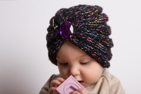 Black Rainbow Gem Baby Turban, Stone Children Hat, Knit Kids  display picture 1