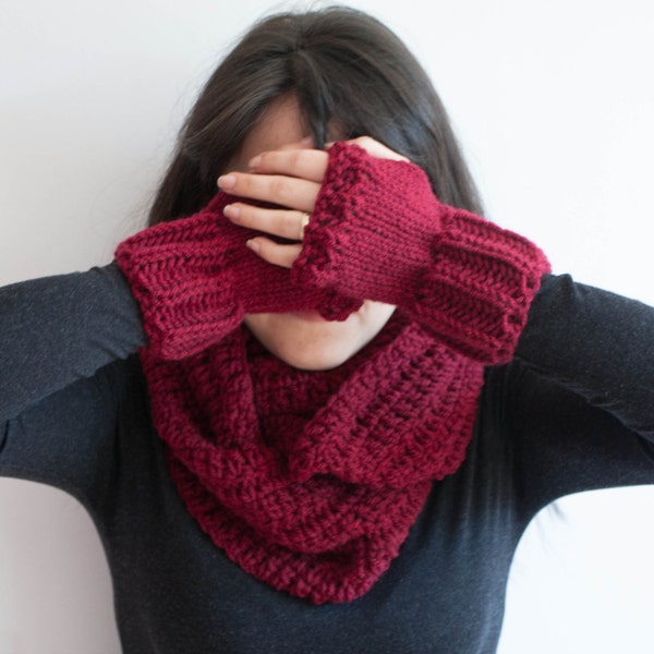 Infinity Scarf with FREE Fingerless Gloves, Marsala Crochet Cowl Scarf, Winter Hooded Cowl for him or her, dark red wine oxblood, gift set
