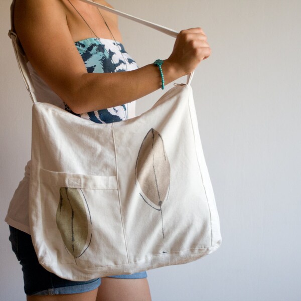 Hobo Holdall, Cotton Bag, Light Brown, Beige, cream, Olive green grey Weekend Handbag, Everyday Large Purse, Shoulder Leaves Bag, Ohtteam