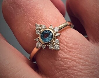 Personalized Gemstone Diamond Cluster Ring, 14K Gold, Unique Engagement