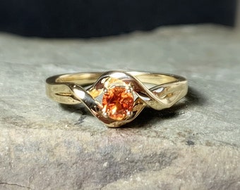 Size 7, 14K Gold Padparadscha Sapphire Solitaire Ring, Chatham Engagement