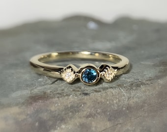 Size 7.25, Teal Blue Diamond Ring, White Sapphire, 14K Gold Anniversary Band