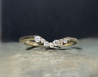 14K Gold Diamond Cluster Ring, Stacking Band