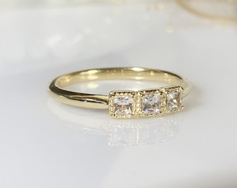 Personalized 3 Stone Princess Cut Ring, White Sapphire, 14K Gold Band