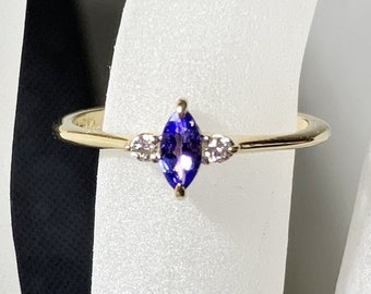 Size 7, 14k Gold Tanzanite Marquise Dainty Ring with Diamonds