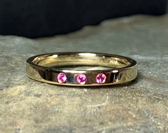 14k Yellow Gold Pink Sapphire Stacking Ring, Wedding Band, 1.5mm Gemstone, 2.5mm Width