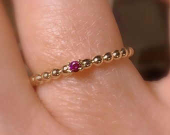 14K Gold Beaded Stacking Ring, Purple Diamond Promise Ring