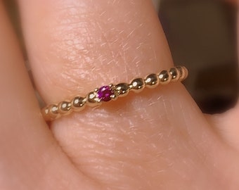 14K Gold Stacking Ring, Tiny Purple Diamond Ring, Prong Set, Beaded Band, Colored Genuine Diamond Promise Ring, 14K Gold Dotted Band