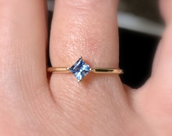 14k Gold Aquamarine Ring – Princess Cut Gemstone Solitaire, March Birthstone, 18K Gold