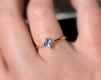Size 7.25, 14k Gold Aquamarine Ring – Dainty Princess Cut Gemstone Solitaire, March Birthstone, Promise