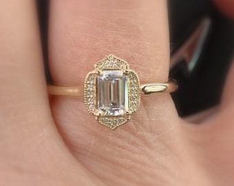 Size 7, Moissanite Diamond Halo Ring, Vintage Inspired 14K Yellow Gold