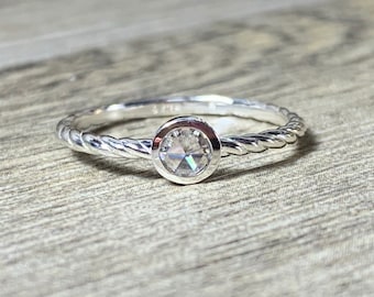 Size 7, Rose Cut Moissanite Stacking Ring, Dainty, Forever One, Promise Ring, Stacking Ring, Low Profile, Slim Rope Band, Ready to Ship