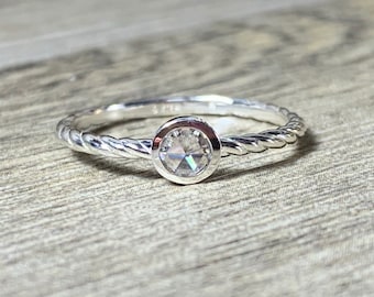 Size 7, Rose Cut Moissanite Sterling Silver Rope Ring