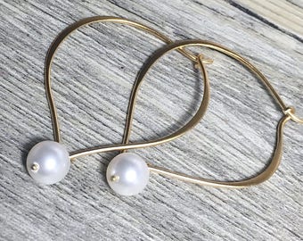 Gold Hoop Earrings, Pearl Hoop Ear Wires, Vermeil Lotus Petal Earrings , Swarovski Crystal Pearls, Brushed Finish, Valentine Gifts for Her