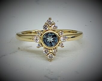 Size 6, 14K Gold Aquamarine Diamond Ring, Bezel Set, March Birthstone