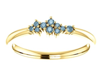 18K Gold Teal Blue 10 Stone Diamond Cluster Ring, Diamond Stacking Ring, Low Profile, Non Traditional