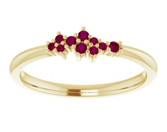 18K Gold Garnet 10 Stone Cluster Ring, Rhodolite Garnet Stacking Ring, Rose Gold, Yellow Gold, White Gold, Low Profile, Birthstone