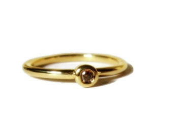 Size 5, Tiny 18K Gold Cognac Diamond Stacking Ring, Minimalist Promise Ring
