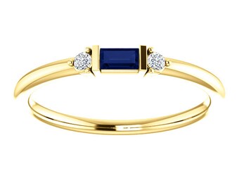 Blue Sapphire Baguette Mini Stacking Ring, 14K Gold, Birthstone Band, Non Traditional Wedding Ring