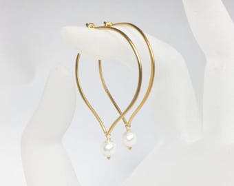 24k Gold Vermeil Lotus Hoop Earrings, Swarovski Pearl, Brushed Finish