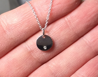 Tiny Sterling Silver Disc Necklace, Flush Set Diamond, April Birthstone Pendant