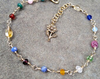 Handmade Gold-Filled Multi Gemstone Bracelet 9 Inches and Extender Chain