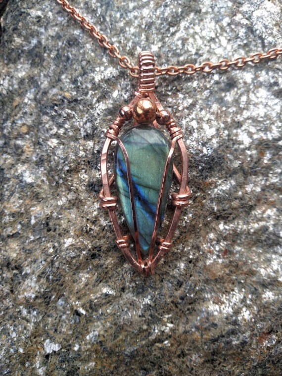 Handmade Wire Wrapped Copper and Blue and Green Flash Labradorite Pendant