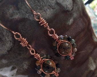 Copper Boho Wood Jasper and Agate Bead Dangle Earrings