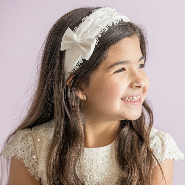 First Communion Off-White Headband, White Dupioni Silk Headband, Girls Communion Headband, Headband for Girls, White Communion Headpiece