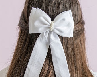 First Communion Silk Ribbon Hair bow, Girls Silk Hair Bows, White Silk Hairbow, Communion hairbows for girls, White Communion bow,