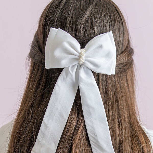 First Communion Silk Ribbon Hair bow, Girls Silk Hair Bows, White Silk Hairbow, Communion hairbows for girls, White Communion bow,