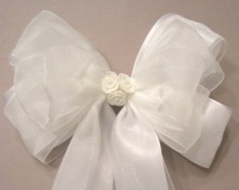 White Satin & Sheer Organza First Communion Hair Bow. Girls Communion Hair Accessories. Communion hairbows for girls, White Satin Hairbow,