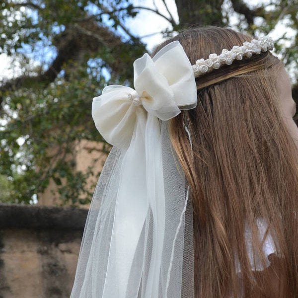 First Communion Rosette Crown with Veil, Off White Flower Girl Headpiece, First Communion. Headpiece. Floral Crown Veil. Floral Crown.