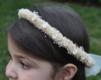 Baby Breath Porcelain Flower Crown Flower Girl Crown. Corona della Prima Comunione, Corona di capelli della ragazza dei fiori. Halo della Prima Comunione, Halo della Ragazza dei Fiori