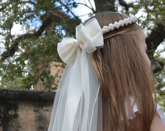 First Communion Rosette Crown with Veil, Off White Flower Girl Headpiece, First Communion. Headpiece. Floral Crown Veil. Floral Crown.