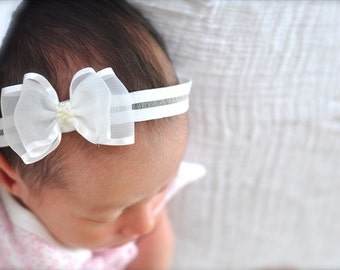 Newborn Headband- Baby White Organza Ribbon Bow Headband. Stretchy Soft Elastic Headband. Baptism Hairbow.