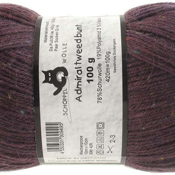 Sock wool SCHOPPEL WOLLE Admiral TWEED 1873 Prune 4ply fingering weight 78 Virgin Wool 19 Nylon biodegradable 3 Viscose. Made in Germany