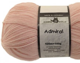 Sock wool SCHOPPEL Admiral 7810 Pale rose pink blush. powder pink. 4ply fingering. 75 percent Wool, 25 percent Nylon. Uni color. Solid.
