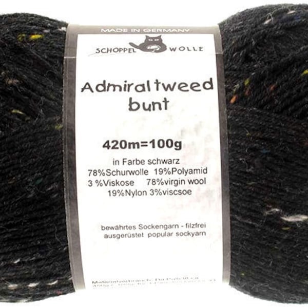 Sock wool SCHOPPEL WOLLE Admiral TWEED 880 Black 4ply fingering weight 78 Virgin Wool 19 Nylon biodegradable 3 Viscose. Made in Germany