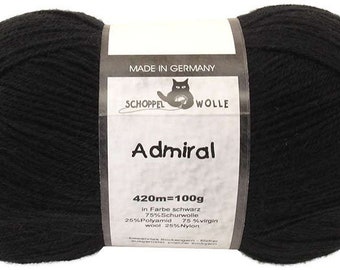 Sockenwolle SCHOPPEL WOLLE Admiral 880 BLACK. 4-fädiges Fingering Gewicht. 75 Wolle, 25 Nylon, intensives Tiefschwarz Uni-Garn Made in Germany