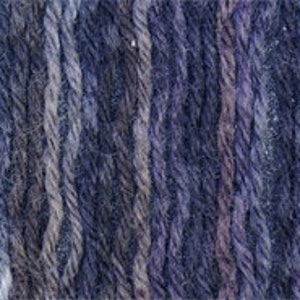 May include: Close-up of yarn strands in a vertical pattern. The yarn features a blend of colors, including white, gray, navy blue, purple, and pink. The texture of the yarn appears soft and slightly fuzzy, suitable for knitting or crochet projects.