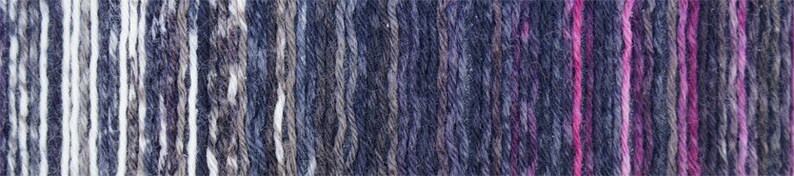 May include: Close-up of yarn strands in a vertical pattern. The yarn features a blend of colors, including white, gray, navy blue, purple, and pink. The texture of the yarn appears soft and slightly fuzzy, suitable for knitting or crochet projects.