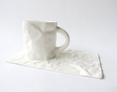 WRINKLED PAPER porcelain mug. Hand made unique design white china mug with a saucer. White tea cup. Porcelain tableware. Ready to ship gift.