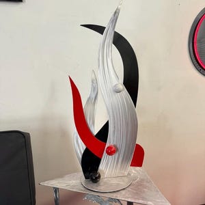 Contemporary Modern Standing Sculpture in Brushed Aluminum – Modern Freestanding Abstract Art by Tony Viscardi – Sculpture Decor