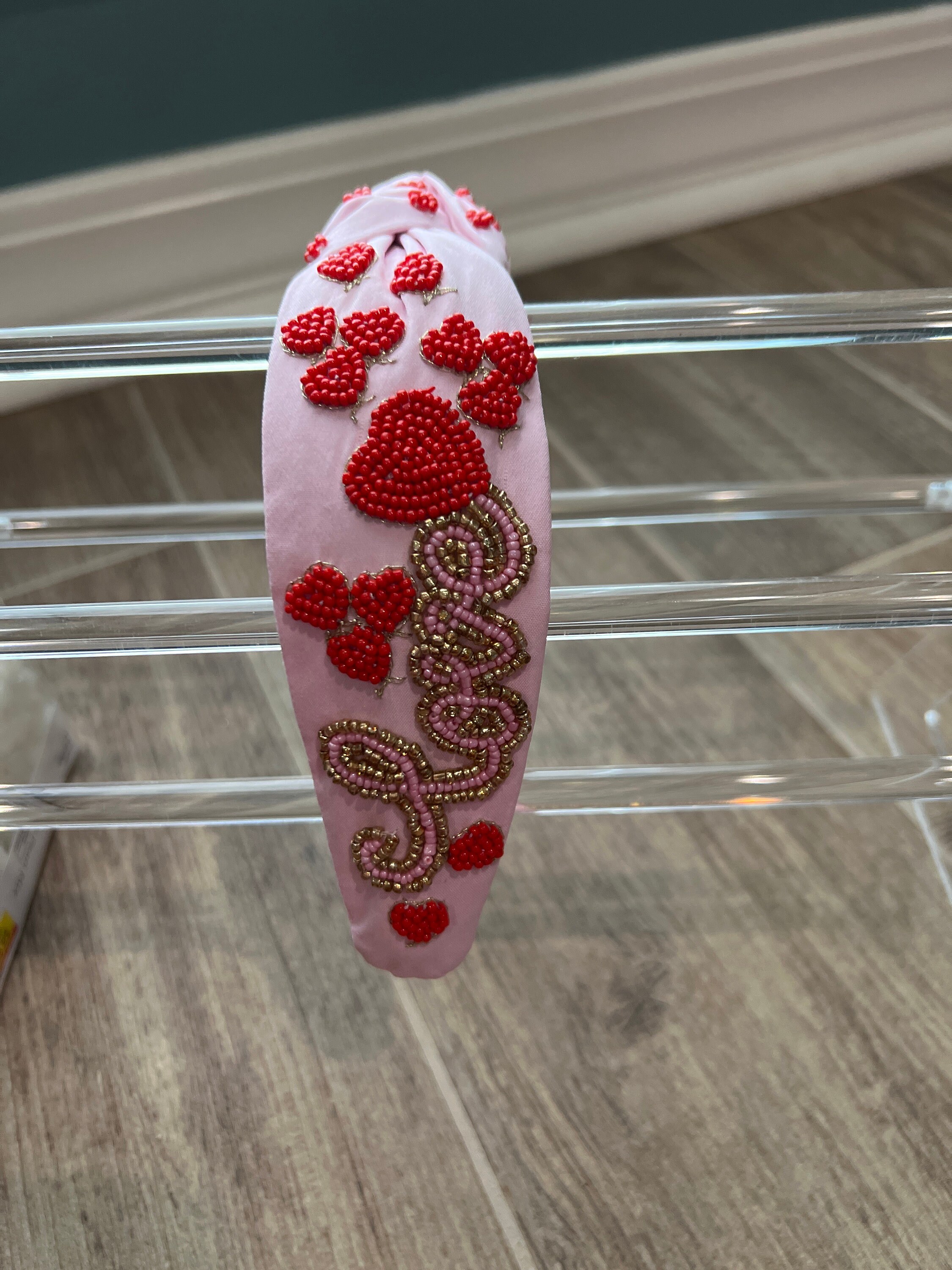 Coral Pink Beaded Knot Velvet Headband Deep Pink Acrylic Beads Handmade Knotted Embellished Knot Headband - Tweed Beaded Candy Valentine Heart main image 2