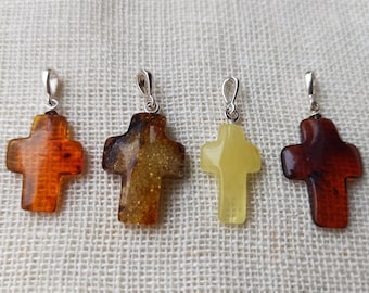 Amber Pendant Cross, Natural Baltic Amber | Silver 925