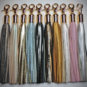 Pu&ograve; includere: Dieci portachiavi con nappe colorate e chiusura dorata. Le nappe sono in pelle e hanno una variet&agrave; di colori, tra cui nero, oro, argento, rosa e blu.